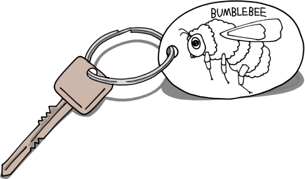ハチのデザインのネームタグをカギに付けたイラスト