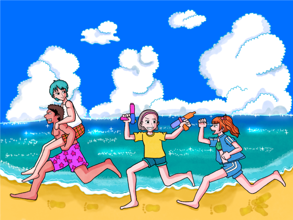 海辺で遊ぶ子供たちのイラスト