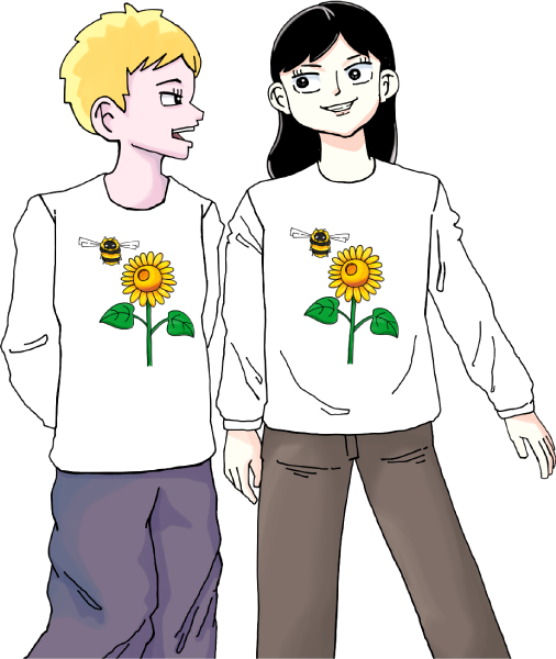 ヒマワリ長袖Tシャツ着て談笑する女の子のイラスト