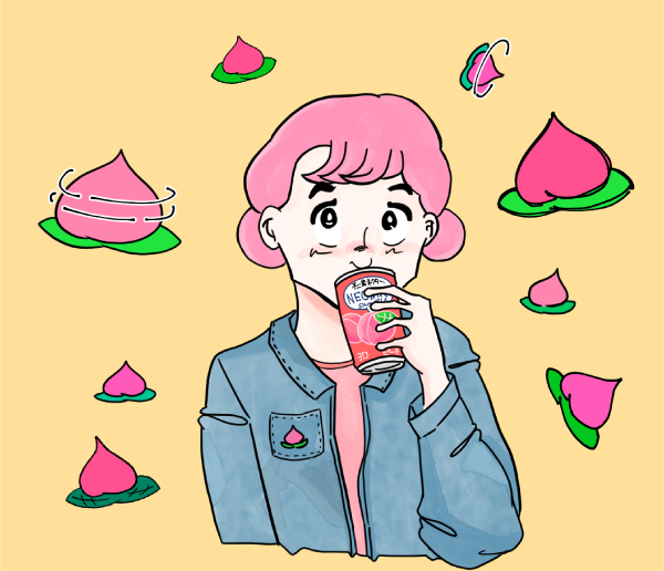 ネクターピーチを飲む女の子のイラスト